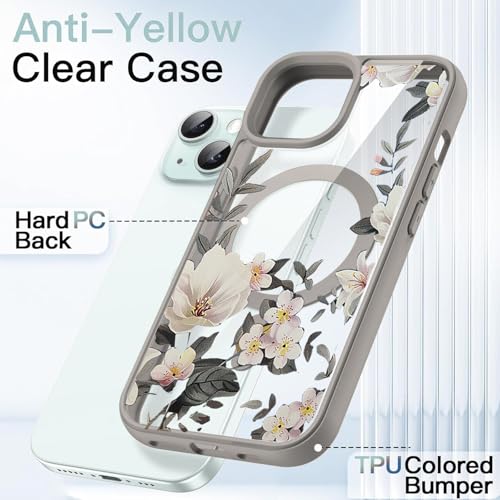 Image of VONZEE Compatible with iPhone 15 Plus Case Luxury Retro Flowers Floral Clear for Magnetic Wireless Charging Case Shockproof Case PC+TPU Cute Glossy Shiny Cover for Girls Women, 6.7'' Grey