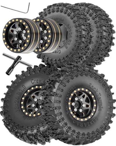 hopsupRC RC 1.0in Beadlock RC Tires RC Wheel for 1/18 1/24 Trx4m SCX24 Axia 1 RC Crawler,Full Brass RC Wheel Hub Rim RC Truck Tires 4pcs
