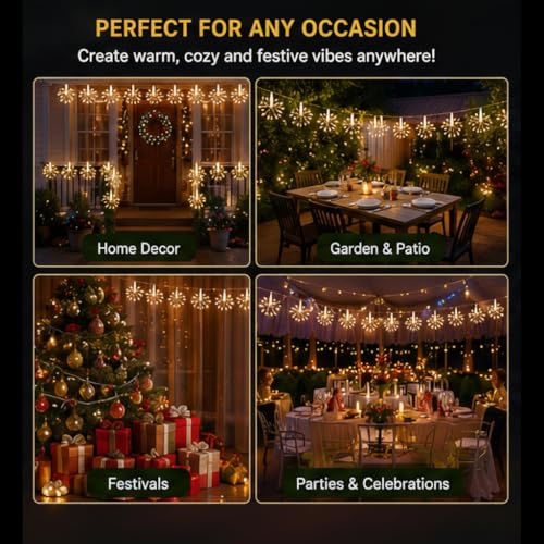 Image of Litehom Starbursts Light, 10 Bright Starbursts Design Sparckle 10Ft Light with USB 8 Mode Operated for Diwali, Home Decoration, Birthday, Christmas Tree, New Year, Bedroom Fairy Light (Yellow)