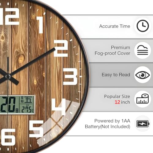 Image of Ash & Roh 12 Inch Silent Quatrz and Non-Ticking Wall Clock with Easy to Read Number and Analog Display Stylish & Decorative Design for Office, Living Room, Bedroom (Rosewood Digital)
