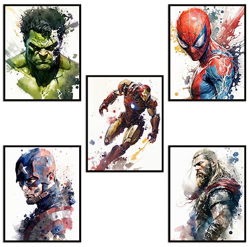 Lotustorm Superhero Watercolor Poster Superhero Room Decor For Boys Set Of 5 Unframed (8''X10'') Superheros Wall Decor Posters For Boys Room Nursery Kids Room Wall Decor Superhero Prints Playroom Decor cover