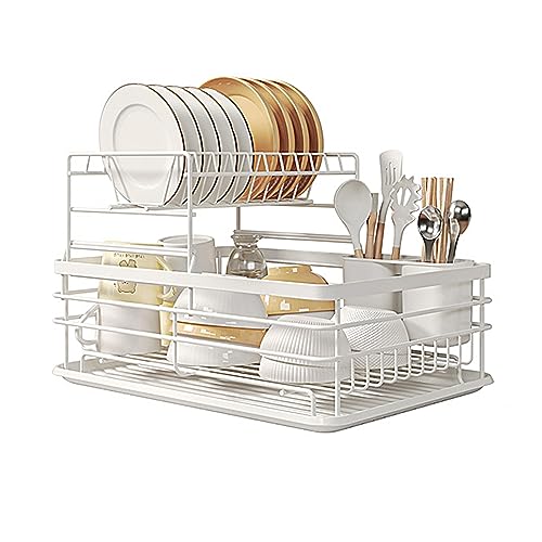 2 Tier Dish Drying Rack with Utensil Holder & Drain Tray White Kitchen Dish Drainer Space Saving Dish Rack for Efficient Drying & nization