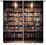 Bookshelf Curtains, Vintage Library with Books Window Treatments for Kids Bedroom, Wooden Wooden Antique Bookcase Drapes 2 Panel Sets,42x45 Inch
