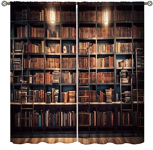 YCness Bookshelf Curtains, Vintage Library with Books Window Treatments for