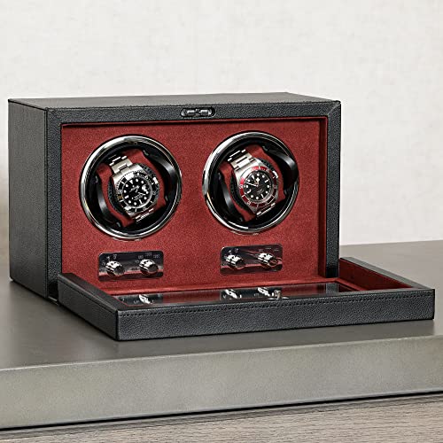 Gift Set 12 Slot Leather Watch Box With Valet Drawer & Matching Double Watch Winder - Luxury Watch Case Display Organizer, Locking Mens Jewelry Watches Holder, Men's Storage Boxes Glass Top Black/Red #TOP6
