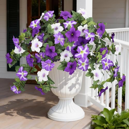 Image of Bassion Artificial Flowers for Outdoors, 2 Pcs Fake Petunia Flowers, Purple | UV resistant, silk flowers, realistic morning glory faux plants, porch garden home planters outdoor decoration