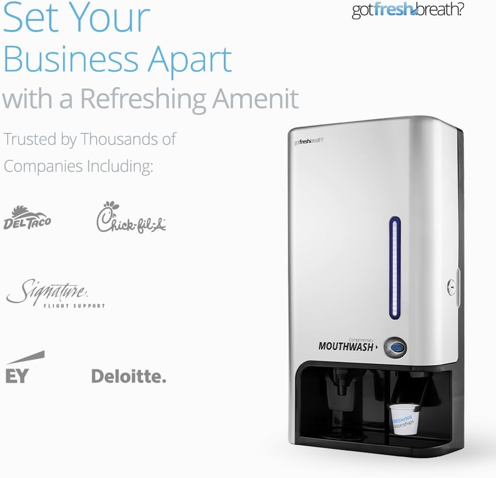 GotFreshBreath Automatic Mouthwash Dispenser for Bathrooms – Standing or Wall-Mounted, Slim, Commercial Mouthwash Dispenser with 100 Cups & 50 Oz. Mouthwash – Nickel