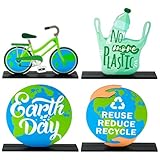 CPicdn 4Pcs Earth Day Wooden Centerpieces Decoration, Environmental Protection Wood Tiered Tray Centerpieces, No More Plastic Table Topper Decoration, Happy Earth Day Desk Shelf Decor School Supplies