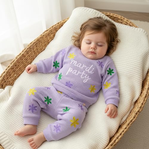 Image of Toddler Baby Boy Girl St Patricks Day Outfit Lucky Embroidery Waffle Long Sleeve Sweatshirt Pants Spring Clothes Set