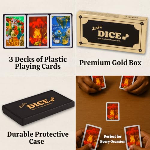 Image of 575 Lucky Dice Waterproof Plastic Playing Cards - Pack of 3 PVC Decks, Washable, Durable, Flexible Poker Cards for Rummy, Teen Patti & Travel Games