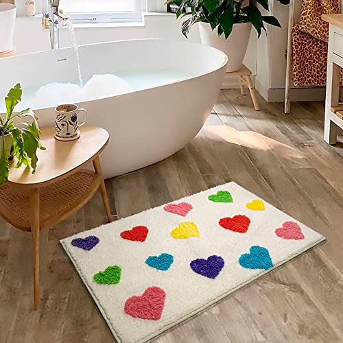 YesRug Cute Bath Mat for Bathroom White Pink Bathroom Rugs Kids Funny Bathroom Decor Preppy Valentines Day Heart Rug Non Slip Washable Bath Rug for Bathroom Shower 20