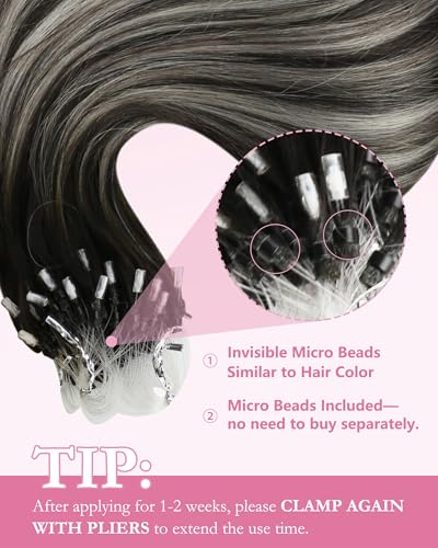 Image of YoungSee Micro Loop Hair Extensions Real Human Hair Ombre Microlink Hair Extensions Balayage Black with Silver Microbead Hair Extension Human Hair Straight 24 Inch for Prom 57g 50s