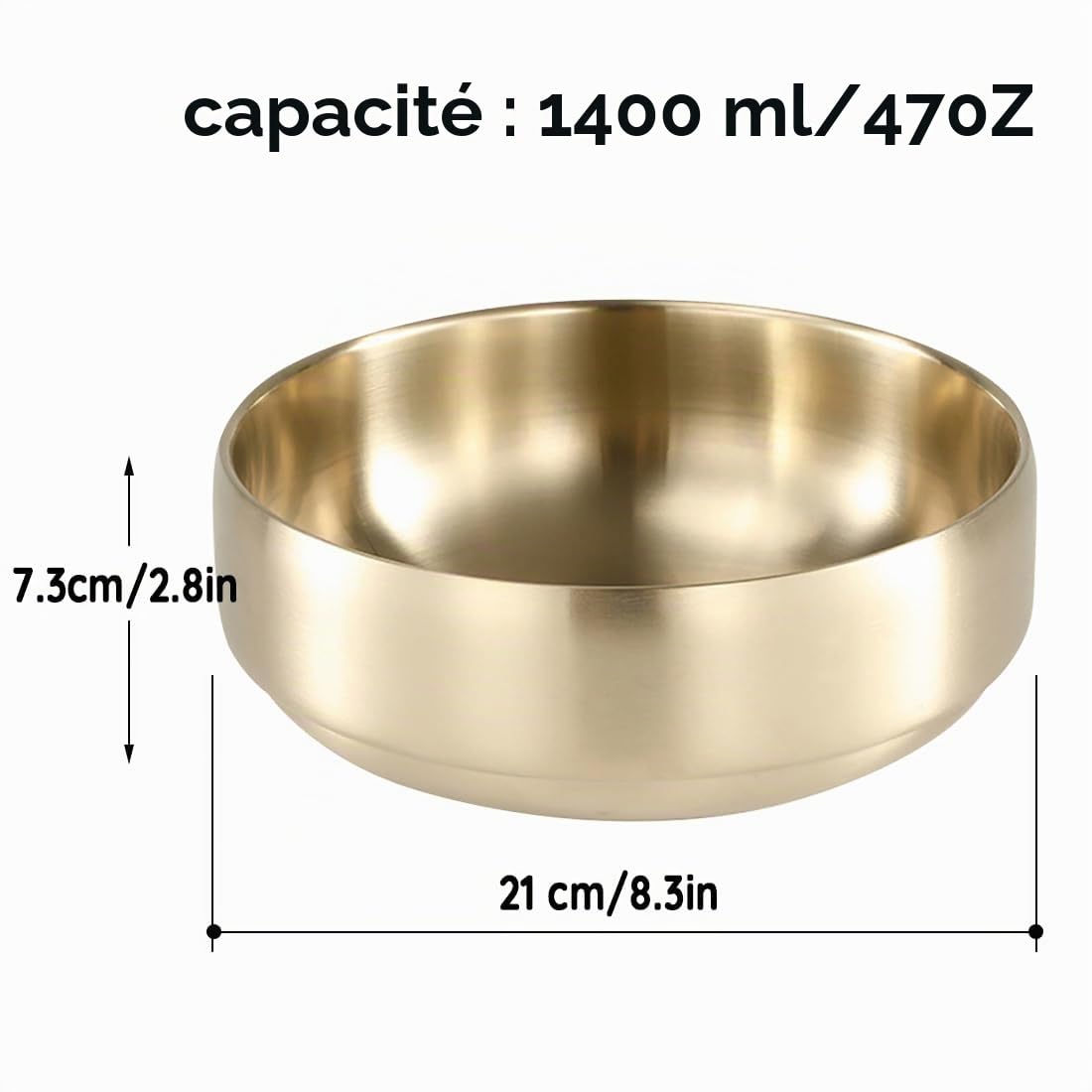 SANQIAHOME 47oz/8.3" Saladier en acier inoxydable de qualité 2pcs/set - Double paroi anti-brûlure, lavable au lave-vaisselle, grand bol de service pour la famille Bol à soupe doré de grande capacité