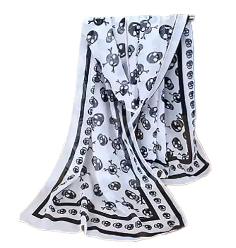 Mazeology Skull Scarf Soft Silky Poly Chiffon 59” Long Scarf Gothic Pirate Black/White 19” Wide Stripe Border for Women/Men Trendy Punk Accessory