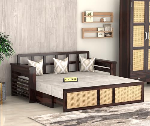 Image of Solid Sheesham Wood Sofa Cum Bed with Cane Rattan Design | Convertible Sofa Bed for Living Room & Bedroom (Walnut Finish)