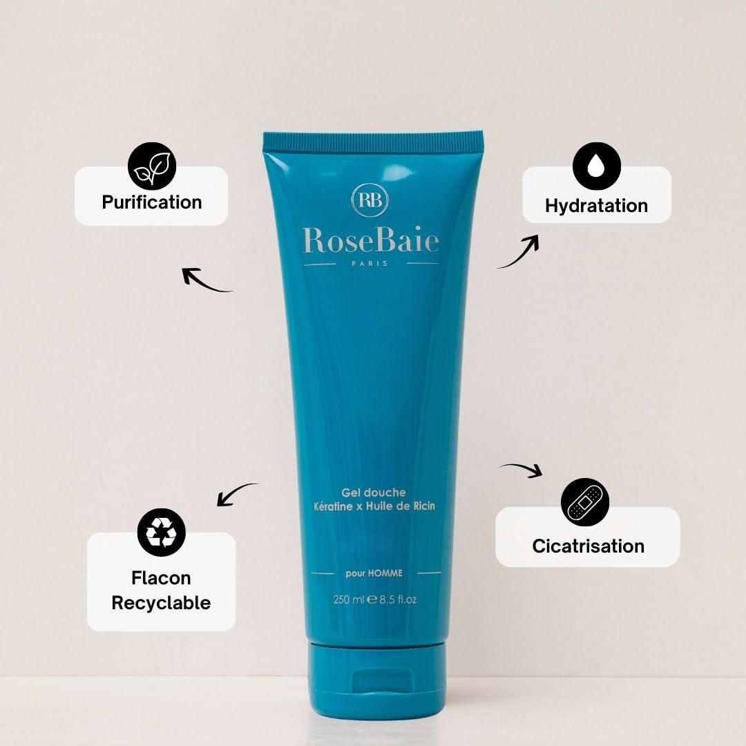 ROSEBAIE MEN | Duo Corps et Cheveux Ricin Kératine Probiotiques | Shampoing Homme Antichute Antipelliculaire 250ml | Gel Douche Fraîcheur Parfum Boisé 250ml