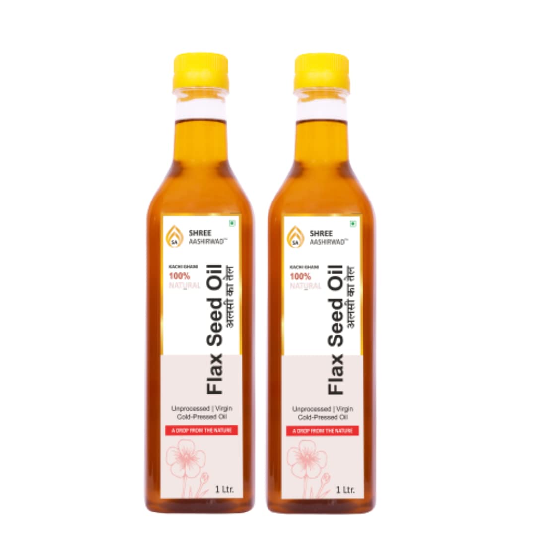 Shree Aanantam Wood Pressed Flaxseed Oil - 2x1 Litre | Bottle | Kolhu/Kacchi Ghani/Chekku | Natural | Chemical-Free | Cold Pressed Flaxseed Oil for Cooking | Alsi Ka Tel | High in Omega