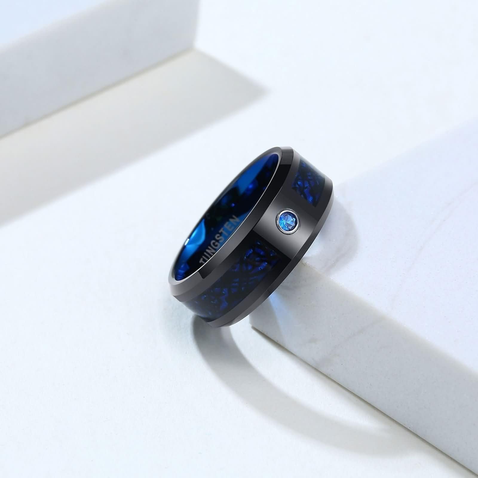 Daesar Bague de Fiancaille Couple, Anneau Femme et Homme Tungstène Ronde Fibre de Carbone Polie 8MM avec Zirconium Bague Mariage Noir Bleu