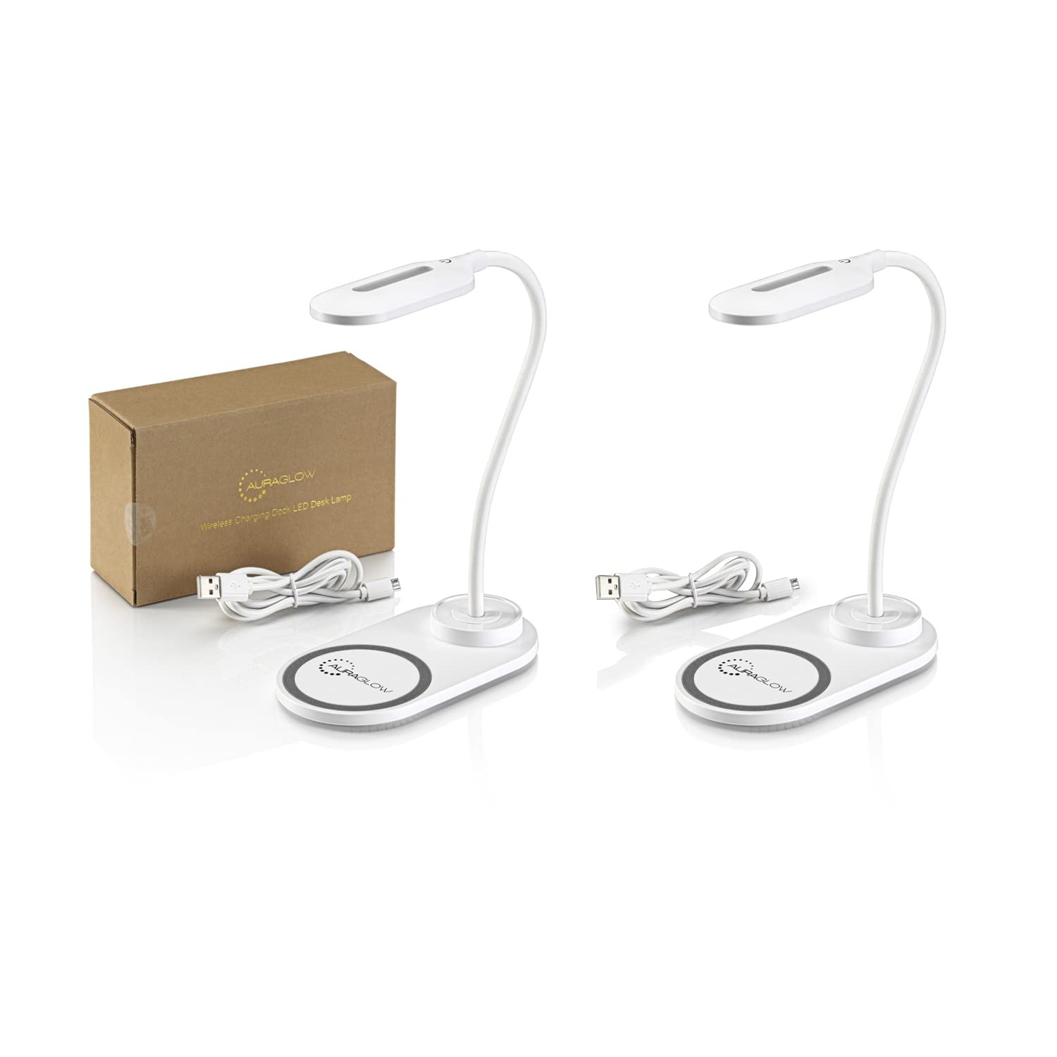 Auraglow White Led Flexible Neck Desk Lamp With 3 Colour Modes And 10W Wireless Smart Phone Qi Fast Charger - 2 Pack