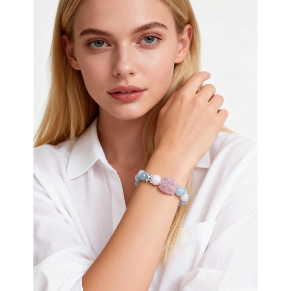 Bracciale con Acquamarina curativa Naturale al Quarzo Rosa, bracciali Elasticizzati con Pietre preziose autentiche per Donne Uomini Unisex, Cristalli di energia Naturale Perline