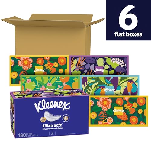 Image of Kleenex Ultra Soft Facial Tissues, 6 Flat Boxes, 180 Tissues per Box, 3-Ply (1080 Total), Packaging May Vary