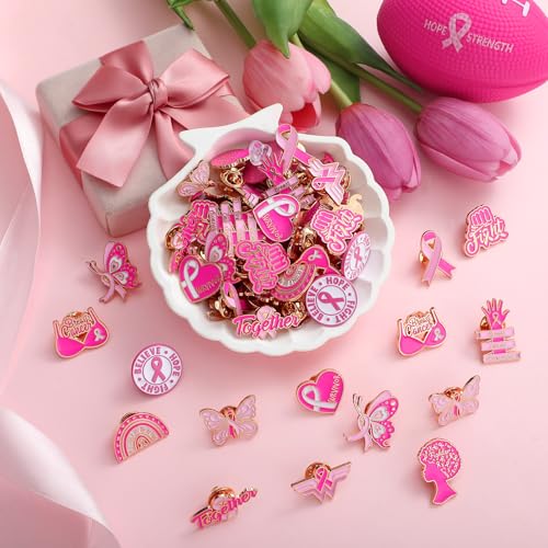 Image of Landical 60 Pcs All Cancer Awareness Pins Bulk Breast Cancer Awareness Lapel Pins Pink Multicolor Ribbon Items Supplies for Hats Backpacks Clothing Women Gifts