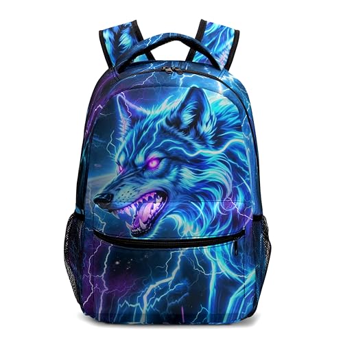 Kwlegh Lightning Wolf Kids Backpack for Boys Purple Blue Schoolbag with Chest Straps for Elementary Primary Preschool Lightweight Kindergarten Bookbags Daypack for Travel Camping