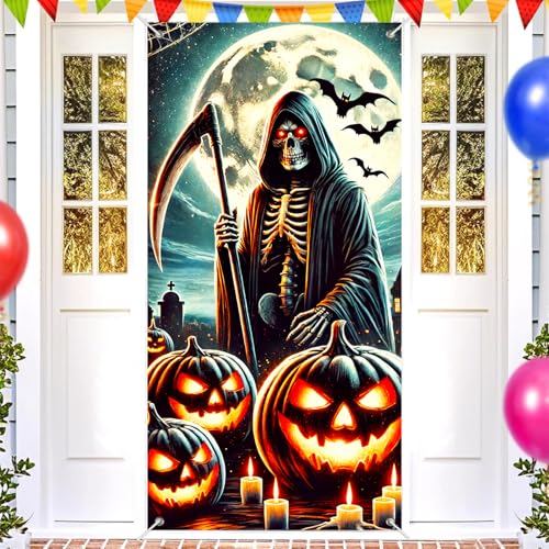 Image of BlissYard Halloween Door Cover Grim Reaper Bats 35x71 Inch Polyester | Door Banner, Wall Hanging | Grim Reaper Entry Decor, Bats Party Backdrop | Porch, Hallway, Photo Area (Gothic Art)
