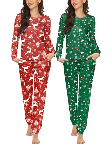 Image of Ekouaer 2 Pack Pajama Sets for Women,Long Sleeve Top With Jogger Pants Lounge Set Sleepwear with Pockets