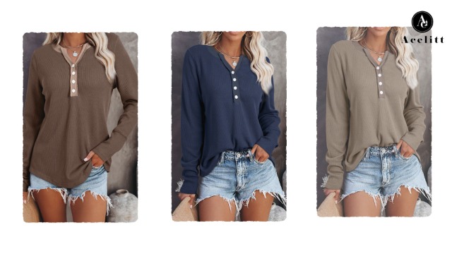 Acelitt Womens Casual Long Sleeve Waffle Knit Henley Shirts