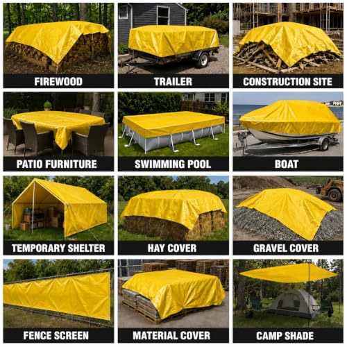 Image of Tarkka 15x12ft Yellow Tarpaulin Sheet, 120 GSM Virgin Waterproof Tirpal /Tadpatri Cover with Reinforced Eyelets & UV Protection for Home, Farm & Truck, 1 Sheet