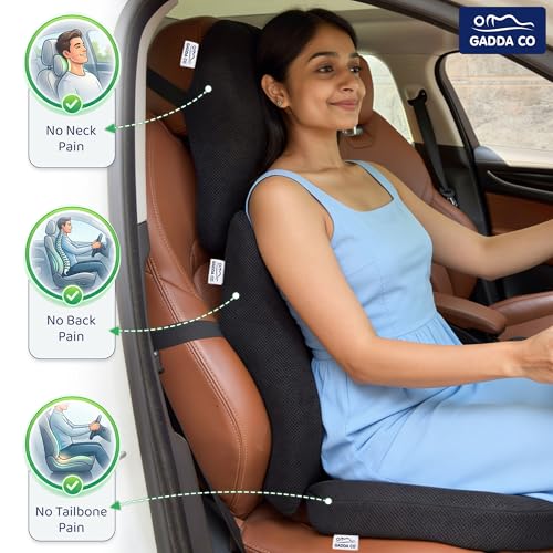 Image of GADDA CO Ultimate Car Comfort Combo | Neck Rest, Lumbar Backrest & Wedge Seat Cushion | Ergonomic 3-in-1 Support for Neck, Back & Hips | Long Drive & Daily Commute | Universal Fit | Mesh Black
