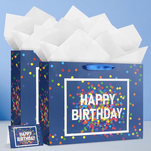 Image of JMANNI Large Happy Birthday Gift Bag with Tissue Papers and Greeting Card,Portable Paper Gift Bags with Handles, Navy Blue Present Bags for Women Men Birthday Party Supplies 13 inch x 10.2 inch x 4.7 inch