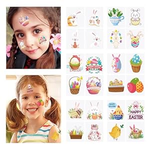 Y&C TENCOB 18 SHEETS Easter Temporary Tattoos for Kids,Waterproof Egg Rabbit Face Body Stickers Tattoos Party Accessories for Girls Boys Easter Day Party Decorations