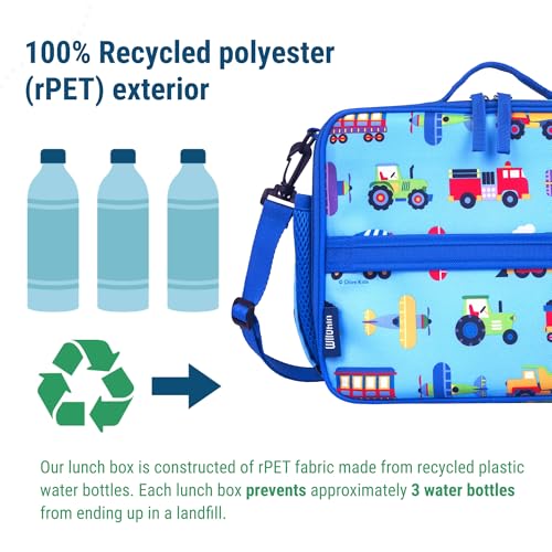 Image of Wildkin Kids ECO rPET Insulated Lunch Box - Keeps Food Hot or Cold, Easy-Clean Lining, Mesh Pockets & BPA-Free - Boys & Girls, Ideal for School, Travel & Daycare - Trains, Planes & Trucks