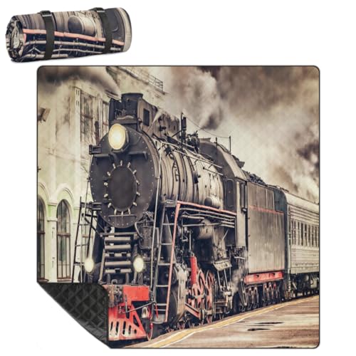 Shimoshe Extra Large Picnic Blankets 79”x 79”, Vintage Express Steam Train Waterproof Foldable Picnic Mat with Straps Portable Beach Blanket for Camping Park Grass Beach Indoor