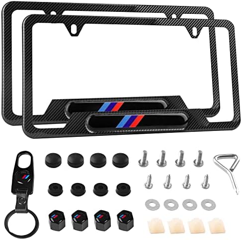 TomGoo License Plate Frame Compatibility with BMW ，2 CarbonFiber LicensePlate Covers, Aluminum Alloy Weather Proof License Plate Holder Bracket，Including Key Chain and 4 tire air caps Car Accessories