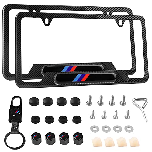 Tomgoo License Plate Frame Compatibility With Bmw ，2 Carbonfiber Licenseplate Covers, Aluminum Alloy Weather Proof License Plate Holder Bracket，Including Key Chain And 4 Tire Air Caps Car Accessories #TOP3
