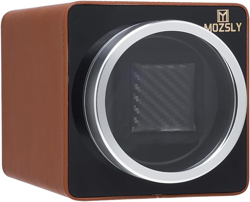 MOZSLY Watch Winder for Automatic Watches Single Rotating Watch Box with Quiet Motor 12 Rotation Mode Setting Battery Powered or AC Adapter PU Leather