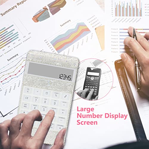 Office Calculator With Bling Crystal Decorative With Calendar Time Alarm Clock For Fashionable Desk Accessory, Office Or Home Gift (White) #TOP4
