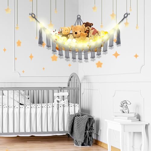 Image of CERETIA Stuffed Animal Hammock with LED Light, Large Stuffed Animals Storage Corner Plushie Net for Kids Room Decor, Jumbo Grey