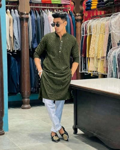 Image of Men's Lakhnawi Chikankari Kurta Set Cotton Ethnic Kurta Pajama for Men Wedding Festive Designer Indian Outfit Stylish Embroidered Kurta Set