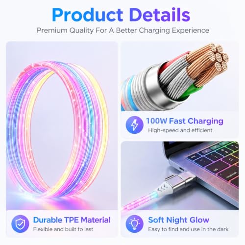 Image of Verilux 4-in-1 PD 100W Type C Cable Fast Charging with RGB Glow 3.3FT /1M
