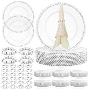 Tioncy 100 Pcs Clear Charger Plates Bulk Includes 50 Clear Beaded Charger Plates 13″ and 50 Napkin Rings Plastic Charger Dinner Plates for Wedding, Party, Tabletop Decoration (Silver,Beaded Ring)