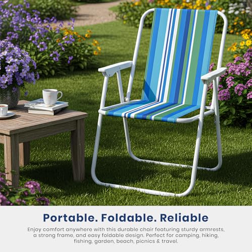 Image of ORILEY Folding Beach Chair with Arm Rest Portable Lightweight Rainbow Stripped Foldable Fishing Chairs for Travelling Picnic & Outdoor Camping Hiking (Medium, Blue and Green Stripe)