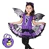 GDLOKFU 4 Pezzi Costume Pipistrello Halloween Bambina, Vestito con Gonna Tutù Viola Nera, Ali, Borsa di zucca e Cerchietto – Travestimento Ragazza per Halloween, Carnevale, Festa a Tema e Cosplay