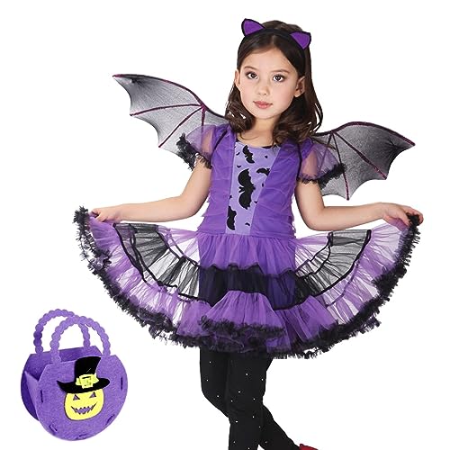 Bestwishing Disfraz de Murciélago Bruja para Niños,Falda Bruja Murciélago Halloween Niña,Disfraz de Halloween Vestido de Fiesta con Ala de Diadema de Murciélago