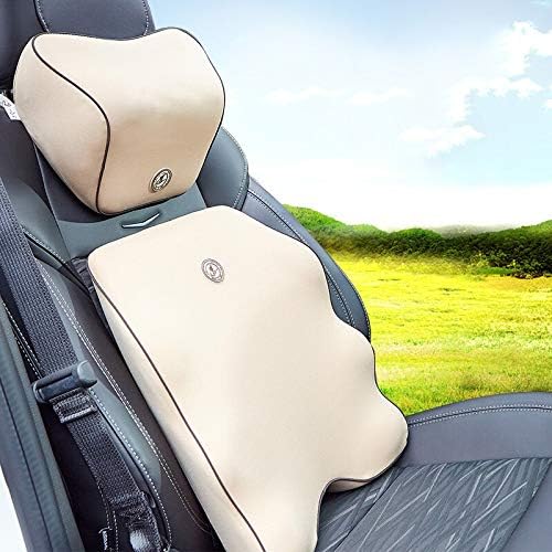 バックピロー腰椎サポートカーシートクッションカーネックピローメモリフォームエルゴノミクス車の枕のためのドライバーチェアクッションの快適さ Color Beige Set