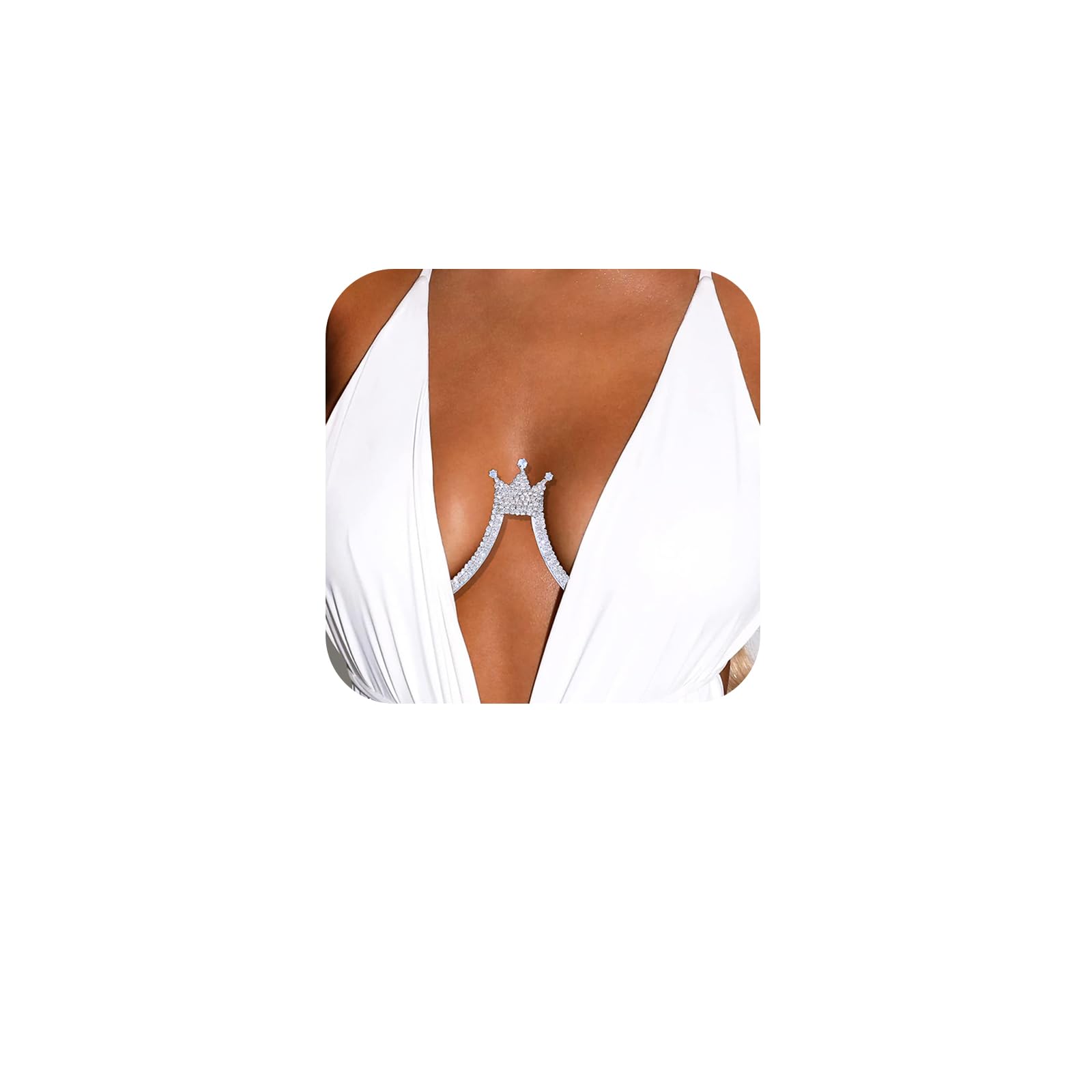 Rhinestone Chest Bracket Chain Trendy Queen Crown Crystal Harness Chest Bra Chain Sexy Bikini Nightclub Body Chain Jewelry for Women (Crown-silver)