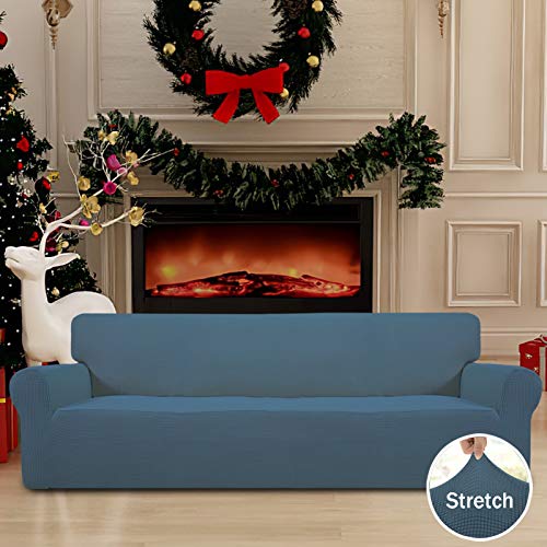 Image of Easy-Going Stretch 4 Seater Sofa Slipcover 1-Piece Sofa Cover Furniture Protector Couch Soft with Elastic Bottom for Kids, Polyester Spandex Jacquard Fabric Small Checks Bluestone